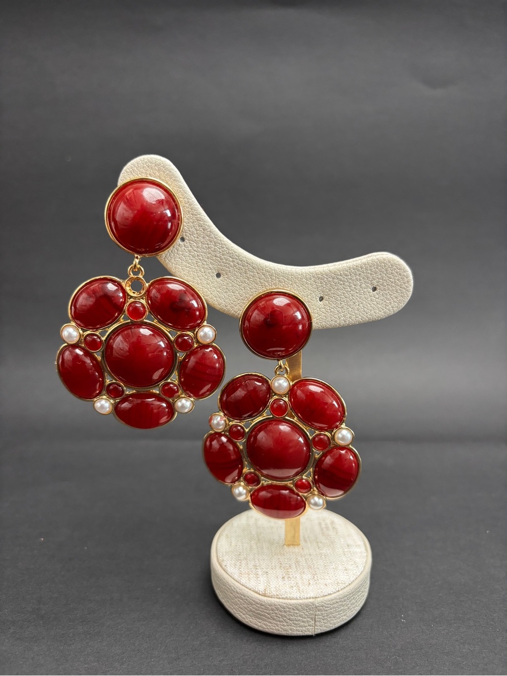 Mango Red Statement Cluster Drop Earrings - Gold Tone
